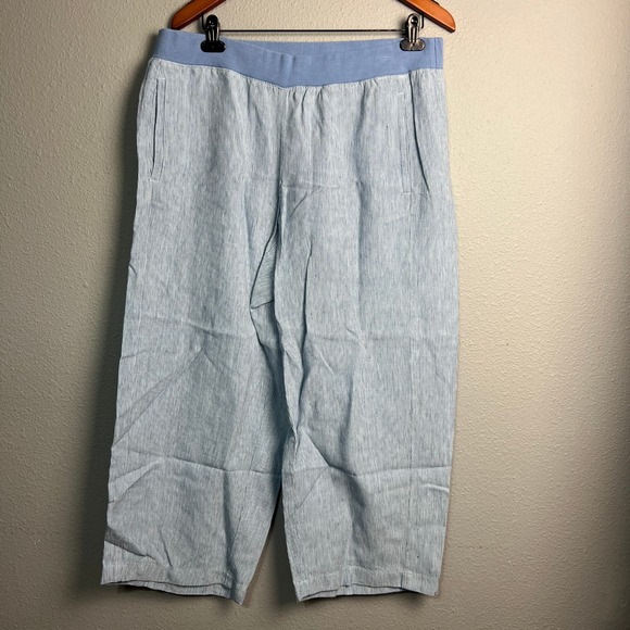 J. JILL Love Linen Blue Stripe Cropped Wide Leg Coastal Pants 1X Elastic Waist - Picture 1 of 11